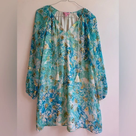 Lily Pulitzer silk tunic dress with blue floral and metallic pattern, spring! - Picture 1 of 10